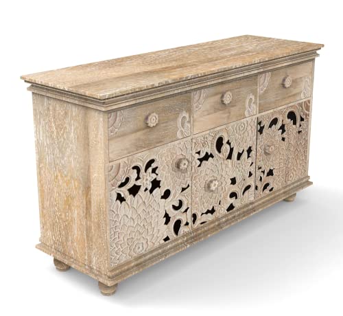 CORSICA DESIGNS | Premium Floral Hand-Carving Sideboard | 100% Solid Mango Wood | Storage Cabinet & Chest | 54x16x32 | Bedroom, Dining Room & Living Room | Farmhouse White (A. 3 Doors + 3 Drawers)