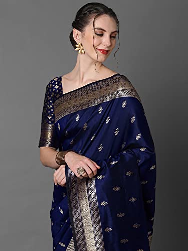 AKHILAM Women's Banarasi Silk Blend Woven Design Golden zari Work Saree With Unstitched Blouse Piece (Navy Blue_2PAKHI4103E)