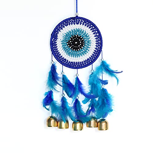 RPH Handicrafts Metal, Bell, Feather, Bead, Thread Wind Chime Dream Catcher for Wall Decor, Bedroom, Balcony, Garden, Kids Room (30 cm x 13 cm) Small (Evil Eye), Blue Eye