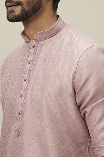 Manyavar Kurta Set For Men, Full Sleeves Mandarin Collar Ethnic Kurta & Payjama Set Art Silk All Over Self Design Set (DUSTY PINK, L)