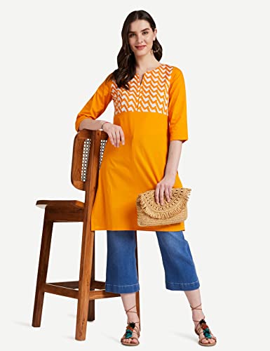 Amazon Brand - Myx Women's Cotton Screen Print Regular Fit Kurti (AW18D4_Yellow_L)