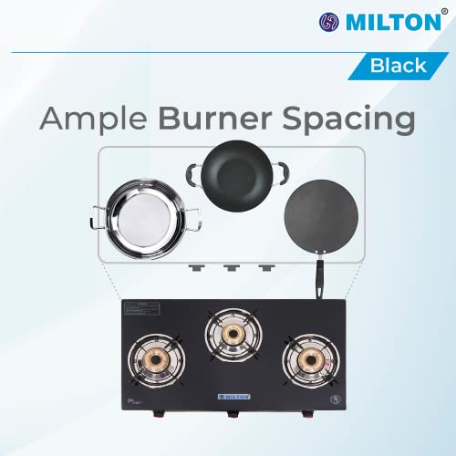 MILTON Premium 3 Burner Black Manual Ignition LPG Glass Top Gas Stove, (ISI Certified)