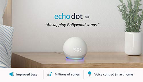 Echo Dot (4th Gen, 2020 release) with clock | Next generation smart speaker with powerful bass, LED display and Alexa (White)