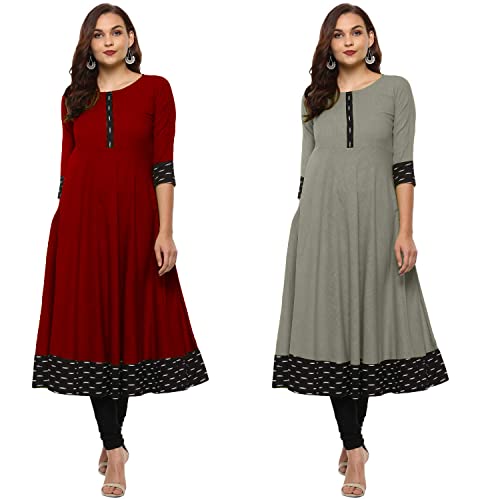 NATEK Plain Cotton Officewear Anarkali Gown Kurti for Girls Women - Combo Sets of 2 Maroon, Grey Colour X-Large Size
