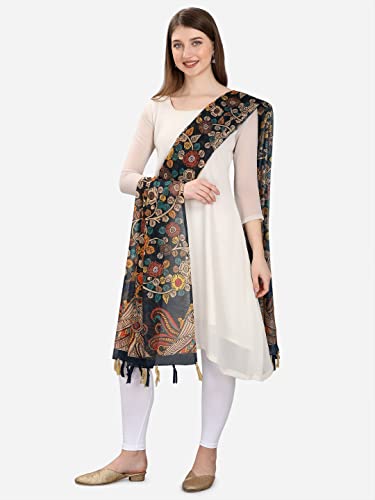 Faserz Women's Kalamkari and Floral Digital Printed Chanderi Silk Dupatta (FZ-CHN-54_Navy_Green_Length - 2.30 Mts_Width - 36 inch)