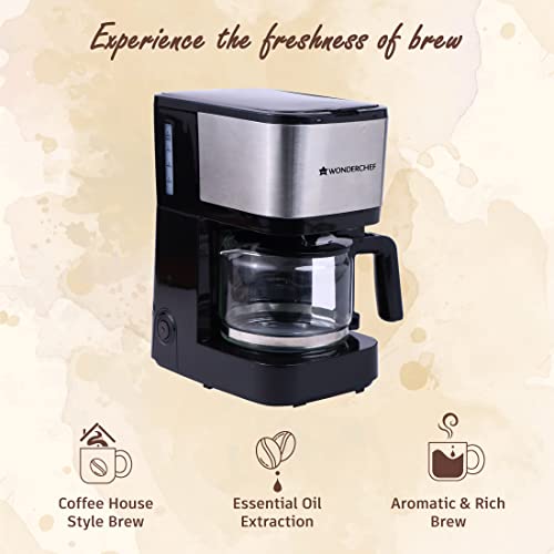 WONDERCHEF Regalia Pronto Coffee Maker 600W | 750ml Borosilicate Glass Carafe| 3-in-1 Filter Coffee, Espresso, Cappuccino| 6 Cups Coffee | Black & Silver| 2 Year Warranty