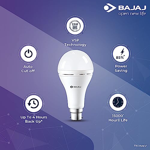 Bajaj LEDZ 8.5W Rechargeable Emergency Inverter LED Bulb, Cool Day Light, White, Upto 4 Hours Battery