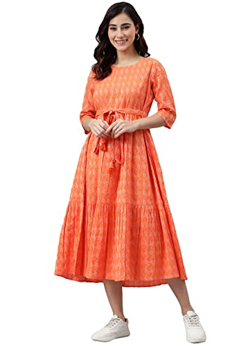 Janasya Women's Orange Cotton Woven Design Tiered Western Dress(JNE3870-DR-L)