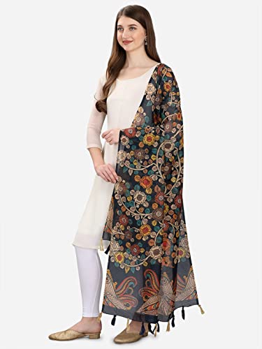 Faserz Women's Kalamkari and Floral Digital Printed Chanderi Silk Dupatta (FZ-CHN-54_Navy_Green_Length - 2.30 Mts_Width - 36 inch)