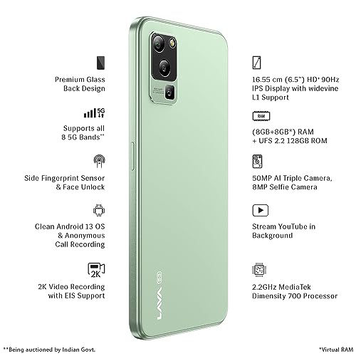 Lava Blaze 5G (Glass Green, 8GB RAM, UFS 2.2 128GB Storage) | 5G Ready | 50MP AI Triple Camera | Upto 16GB Expandable RAM | Charger Included | Clean Android (No Bloatware)