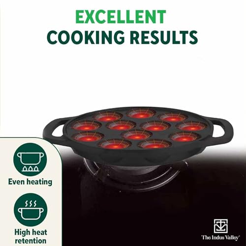 The Indus Valley Pre-Seasoned Cast Iron Paniyaram Pan with Loop Handle | Medium, 12pit, 8.3Inch/21 cm, 2.8kg | Nonstick Appe/Paddu pan, 100% Pure & Toxin-Free, Black