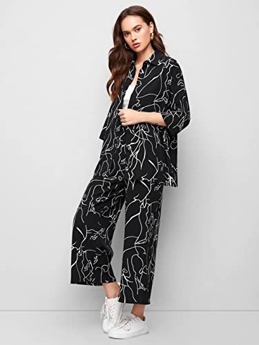 GRECIILOOKS Women Co Ord Set| Collared Self Belted Allover Print| Half Sleeve Shirt| Straight Shirt with Belt| Women Two-Piece Outfits| Summer Wear| Outdoor Wear (X-Large, Black)