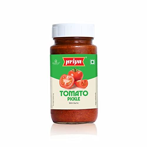 Priya Tomato Pickle with Garlic, 300g - Authentic Telugu Style Tamatar Achar |Traditional South Indian Taste| Homemade Andhra Pickles| With Tomato Pieces, Tamarind Paste & Mixed Spices| Glass Jar