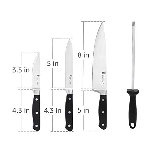 Amazon Brand - Solimo Premium High-Carbon Stainless Steel Kitchen Knife Set, 4-Pieces (with Sharpener), Silver