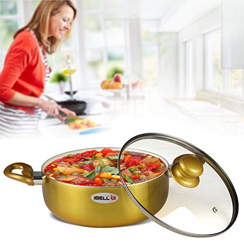 iBELL CS26C Ceramic Casserole 5.0 Litres with Glass Lid, Induction & Gas Compatible Cookware, 2.5mm Thickness, 3 Layer Ceramic Interior, Golden Finish