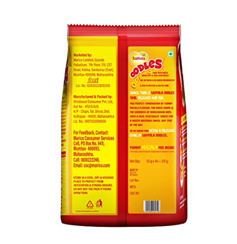 Saffola Oodles, No Maida Oats Noodles, Instant Noodles Packets, Healthy Noodles Masala, Ring Noodles, 212 grams (4 Serves)