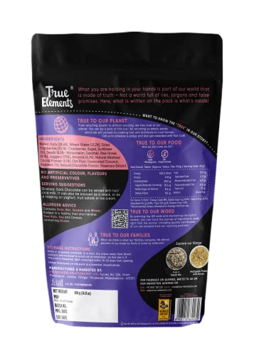 True Elements Baked Granola Almonds And Dark Chocolate 400gm - With Berries, Nuts and Seeds | Granola for Breakfast | 100% Natural