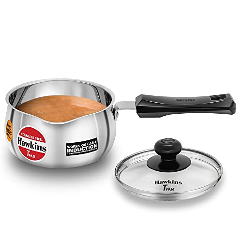 Hawkins 1 Litre Tpan, Stainless Steel Tea Pan with Glass Lid, Induction Sauce Pan, Chai Pan, Small Pan, Silver (SST10G)