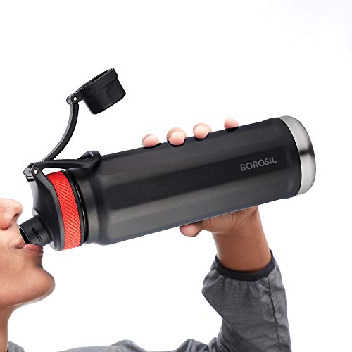 Borosil Stainless Steel Hydra SportSip - Vacuum Insulated Flask Water Bottle, 710 ML, Black