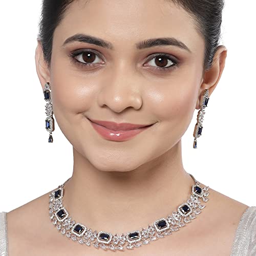 ZENEME Rhodium-Plated with Silver-Toned Blue and White American Diamond Studded Necklace and Earrings Jewellery Set (Blue) For Women