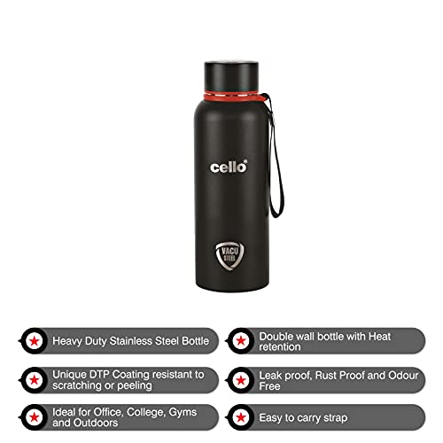 Cello Duro Tuff Stainless Steel Series Kent Flask, 550ml Black | Hot and Cold Stainless Steel Water Bottle | Scratch Resistant DTP Coating Flask |Vacuum Insulated Bottle for Travel, Home, Office