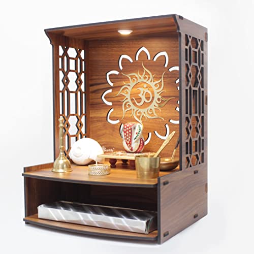 Heartily® Mangal Beautiful Wooden Pooja Stand for Home Pooja Mandir for Home Temple for Home and Office Puja Mandir for Home Wall Mounted with LED Spot Light Size (H- 15.5, L- 11.5, W-11 Inch)