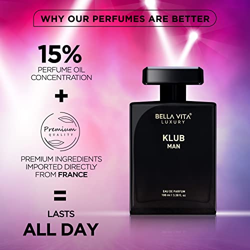 Bella Vita Luxury KLUB Man Eau De Parfum Perfume for Men with Lemon, Rose and Vanilla|Musky and Spicy Long Lasting Premium EDP Fragrance Scent, 100Ml