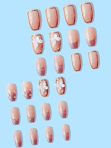 Secret Lives® acrylic translucent press on nails artifical designer 3D white bow & pearl with pink glitter color nails extension 24 pieces combo set with kit beautiful fake false nails