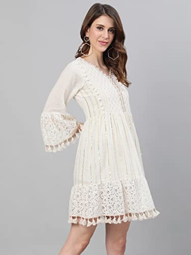 ishin Women's Cotton Above Knee Length A-Line Indo Western Dress Topknm-11017_M_Off White