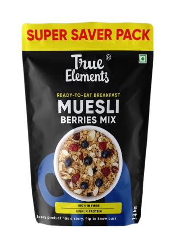 True Elements Berries Mix Muesli 1.2kg - Muesli with goodness of Cranberry and Blueberry | Muesli berry Mix | Super Saver Pack | Healthy breakfast Cereal | 100% Wholegrain