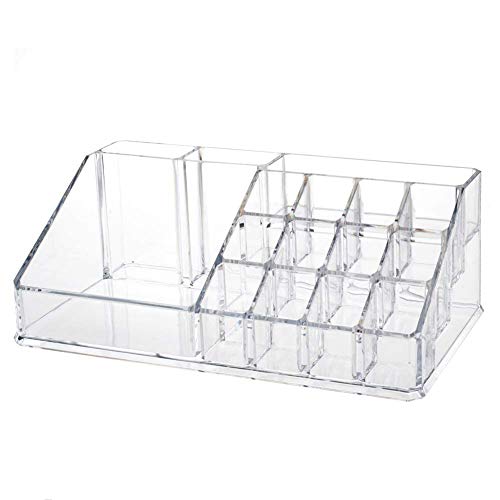 INOVERA (LABEL) Plastic 16 Compartment Cosmetic Display Cases Makeup Lipstick Storage Organizer Holder Box Case,Transparent (22L x 12.2W x 7.5H)