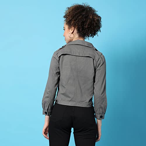 Campus Sutra Women’s Grey Dry-Washed Denim Cotton Jacket Regular Fit For Casual Wear | Collared Neck | Double-Breasted | Stylish Jacket Crafted With Comfort Fit & High Performance For Everyday Wear