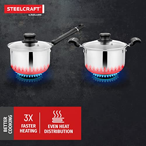 Steelcraft Premium Stainless Steel Gas Stove and Induction Friendly Accord Cookware Set /1 Pc Sauce Pan16 cm(1200ml) / 1 Pc Casserole 14 cm(850ml) with Glass lid, Silver, Set of 2