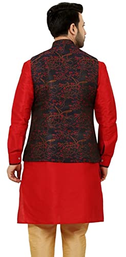 Amzira Men's Ethnic Wear Silk Blend Red Printed Nehru Jacket (Only Jacket) (M)