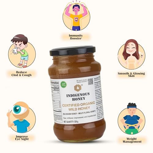 INDIGENOUS HONEY Raw Organic Honey NMR Tested NPOP Organic Certified Pure Natural Unprocessed Original Honey - 530 g Glass Jar (Pack of 1)