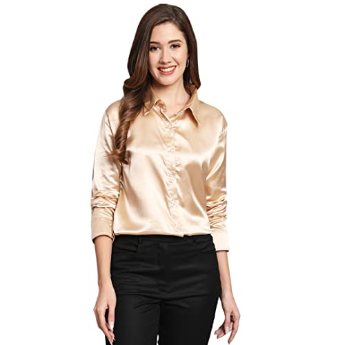 FUNDAY FASHION Women Solid Formal Satin Shirt (Large, Golden)