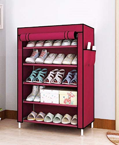 FLIPZON Premium 5-Tiers Shoe Rack/Multipurpose Storage Rack with Dustproof Cover (Iron Pipes, Non Woven Fabric, Plastic Connector) (Maroon)