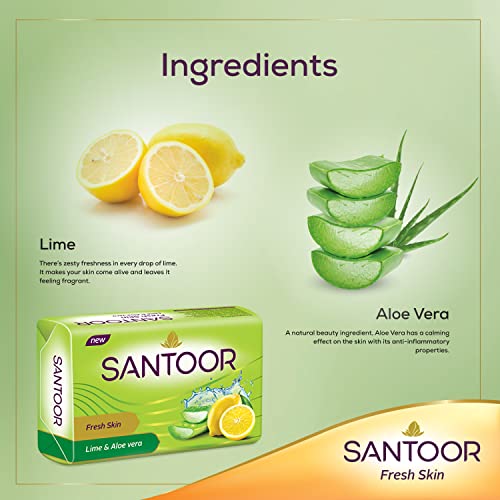 Santoor Aloe Fresh Soap, 125g (Pack of 6) with Aloe Vera and Lime