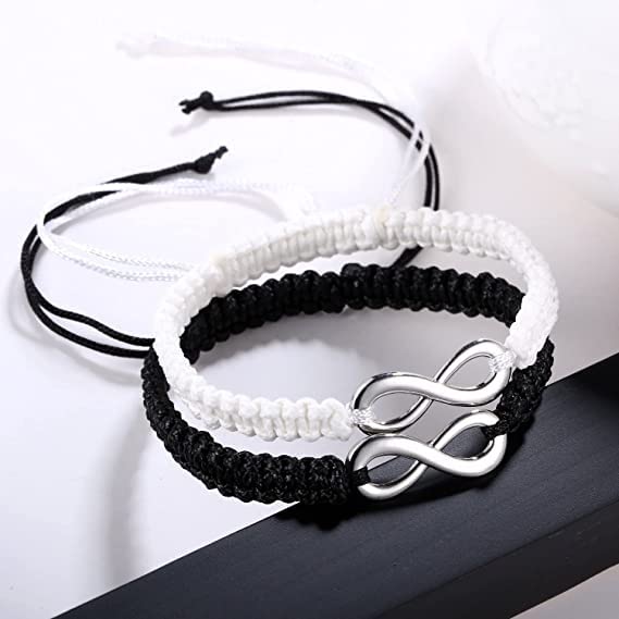 NIRA BY NALINI Brass 8 Infinity Couple Bracelet Braided nylon Rope Bangle Wrist Adjustable bracelet fit 5-10 Inch for Lover Friendship Family(Set of 2) (Black-white)