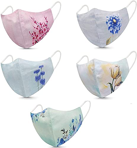 Pamirate ® Women's Without Valve 3 Layer Reusable Washable Digital Flower Printed Pure Cotton Face Mask (Pack of 6 Pcs, Fashion Flowers, Multicolour)