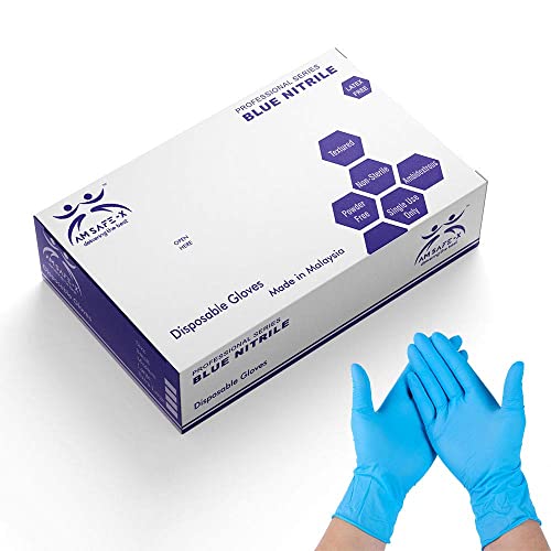 AM SAFE-X delivering the best Nitrile Powder-Free Gloves, Blue -100 Pieces (Large), Pack of 1