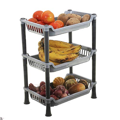 Kuber industries Plastic 3 Layer Multi-Purpose Kitchen Storage Basket Rack|Vegetable Basket For Kitchen (Grey, Tiered Shelf)