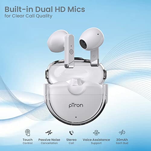 pTron Bassbuds Fute 5.1 Bluetooth Truly Wireless Featherlite TWS in Ear Earbuds with Mic, 25Hrs Playtime, 13mm Driver, Immersive Audio Headphones, Touch Control, Voice Assist & Fast Charging (White)