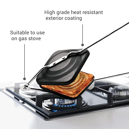 Milton Pro Cook Aluminium Sandwich Toaster, 14 cm, Black | Non Stick | Sturdy Handle | Bakelite Handle | Gas Compatible | PFOA Free