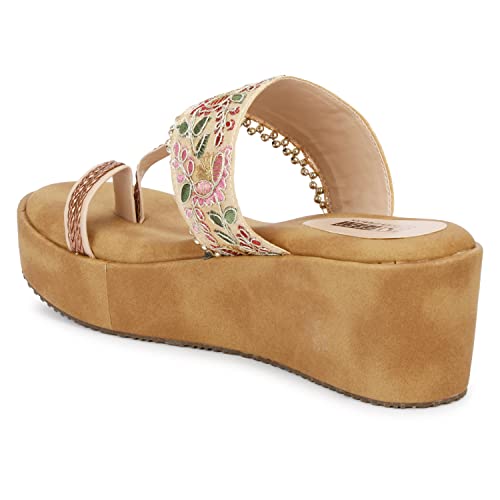 TRY FEET Women Fabric Wedges Beige