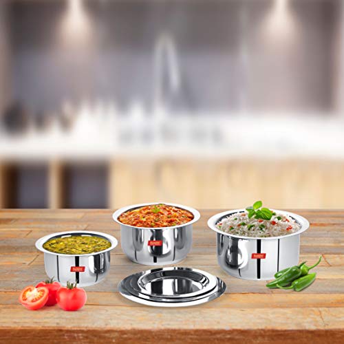 Sumeet Stainless Steel Tope/patila/cookware With Lids, 370, 550, 800ml, 3 Piece (Steel)