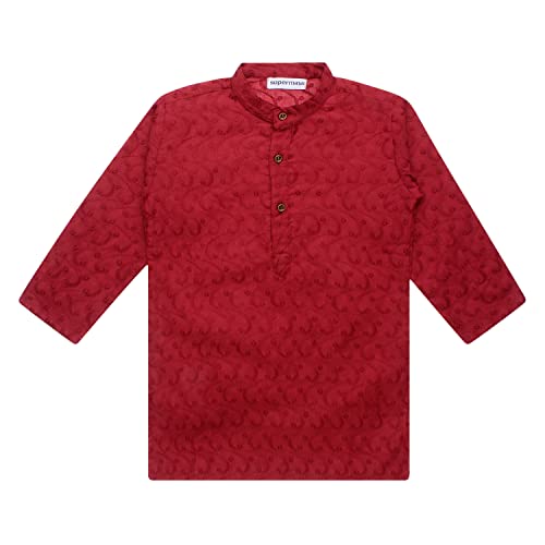 Superminis Baby Boys Ethnic Wear Colored Cotton Chikankari Kurta, Round Collar, Full Sleeves with White Pyjama (Maroon, 3-4 Years)