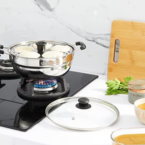 Amazon Brand - Solimo Stainless Steel Multi Kadai Induction Base, with Glass Lid & 2 Idli Plates