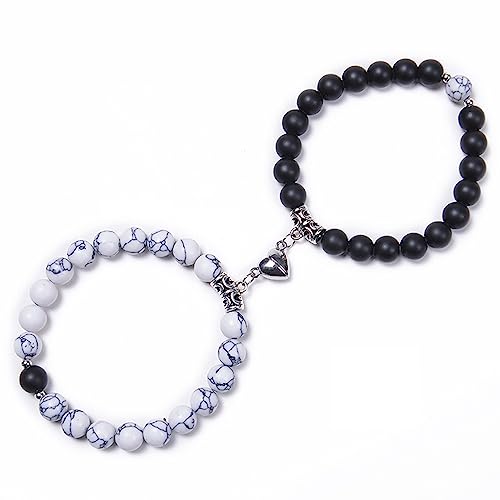 Fashion Frill Stylish Couple Bracelets Black & White Natural Stone Onyx Stretchable Wrist Band Heart Magnetic Bracelet For Women Men Boys Girls Love Gifts Friendship Bracelets