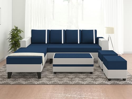 Adorn India Ashley L Shape Stripes Leatherette Fabric Sofa Set 8 Seater with 2 Ottoman Puffy & Center Table (Left Side) (Blue)